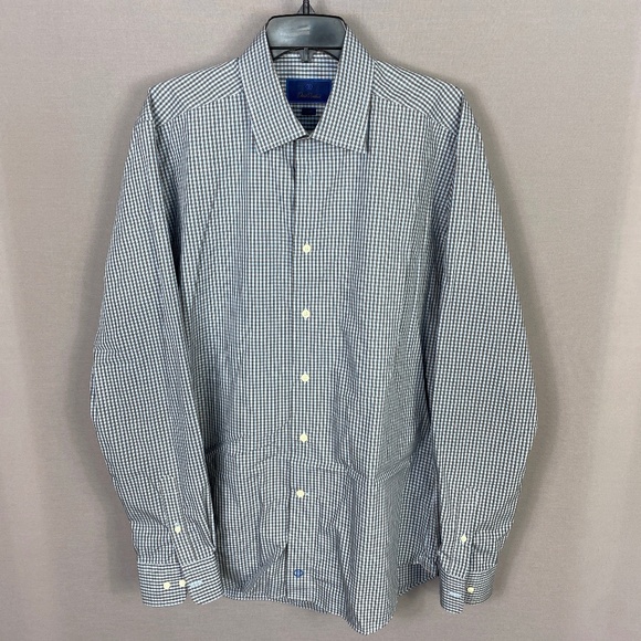 David Donahue Mens Plaid Button Up Trim Shirt in Blue Grey Size 17 Neck - Picture 1 of 7